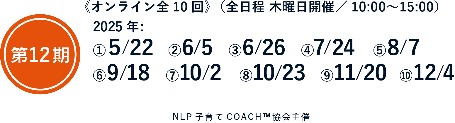 第12期 《全10回》10:00〜15:00 2025年 : ①5/22②6/5③6/26④7/24⑤8/7⑥9/18⑦10/2⑧10/23⑨11/20⑩12/4 NLP子育てCOACH™協会主催